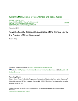 Toward a Socially Responsible Application of the Criminal Law to the Problem of Street Harassment