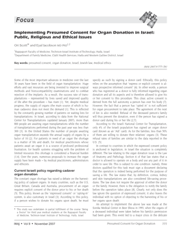 Implementing Presumed Consent for Organ Donation in Israel: Public, Religious and Ethical Issues