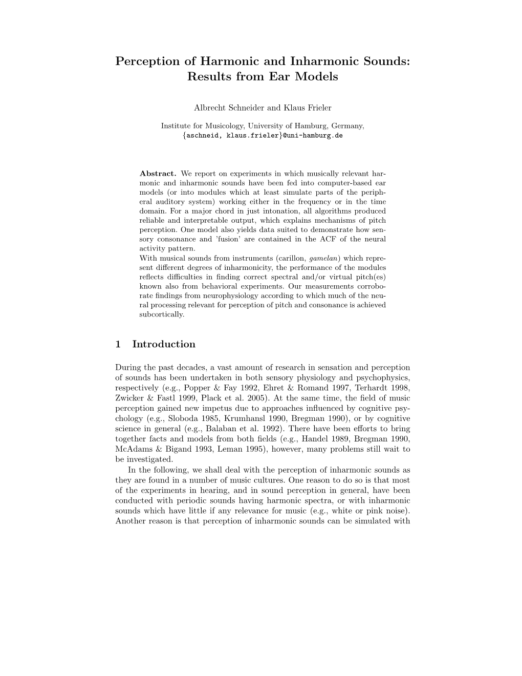 Perception of Harmonic and Inharmonic Sounds: Results from Ear Models