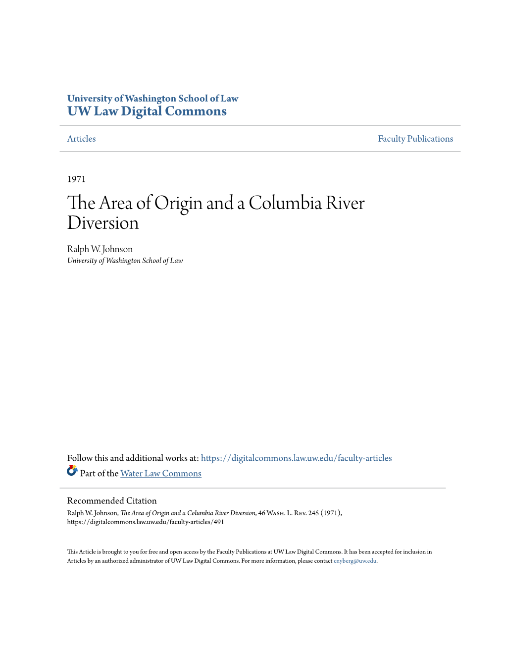 The Area of Origin and a Columbia River Diversion Ralph W