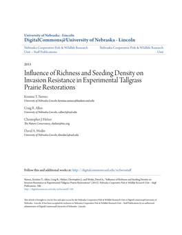 Influence of Richness and Seeding Density on Invasion Resistance in Experimental Tallgrass Prairie Restorations Kristine T