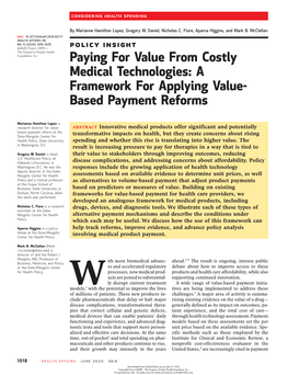 Paying for Value from Costly Medical Technologies: a Framework for Applying Value- Based Payment Reforms