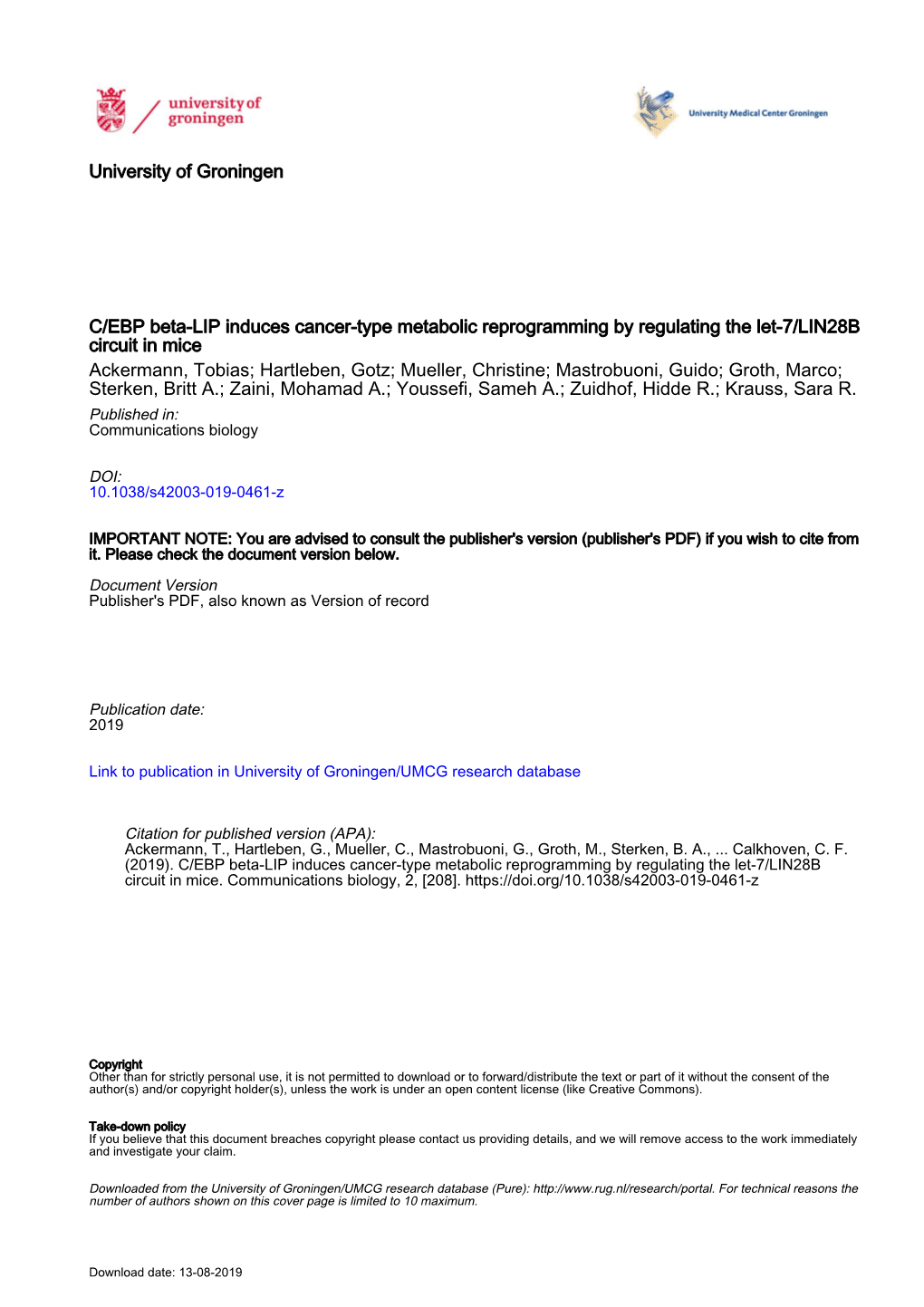 C/EBPÎ²-LIP Induces Cancer-Type Metabolic Reprogramming by Regulating the Let-7/LIN28B Circuit in Mice