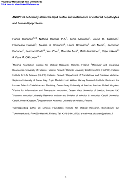 ANGPTL3 Deficiency Alters the Lipid Profile and Metabolism of Cultured Hepatocytes