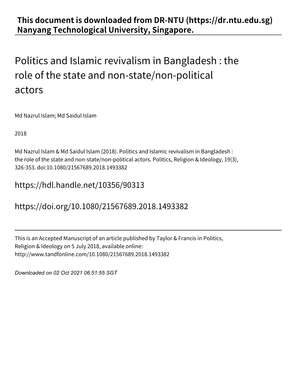 Politics and Islamic Revivalism in Bangladesh : the Role of the State and Non‑State/Non‑Political Actors