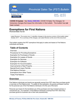 Bulletin PST 314, Exemptions for First Nations