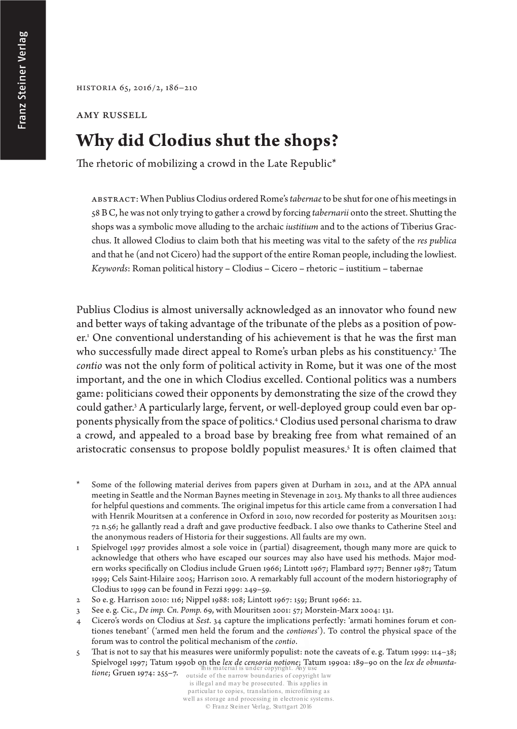 Why Did Clodius Shut the Shops? the Rhetoric of Mobilizing a Crowd in the Late Republic*