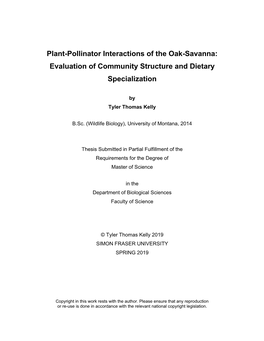 Plant-Pollinator Interactions of the Oak-Savanna: Evaluation of Community Structure and Dietary Specialization