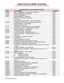 Guide to SSAE Recordings Note : Recordings Prefixed “SSAE” Also Appear in the DVD Lecture Listing