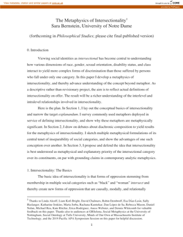 The Metaphysics of Intersectionality1 Sara Bernstein, University of Notre Dame