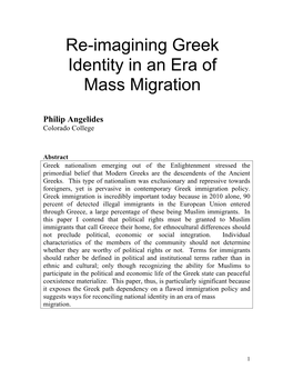 Re-Imagining Greek Identity in an Era of Mass Migration