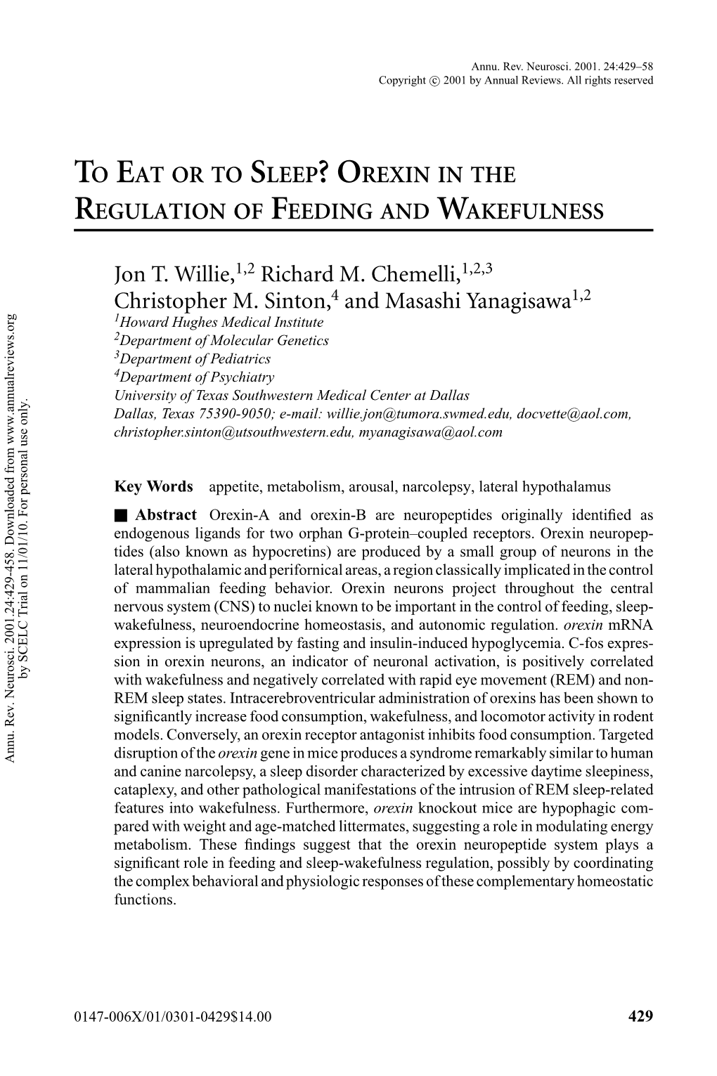 Orexin in the Regulation of Feeding and Wakefulness