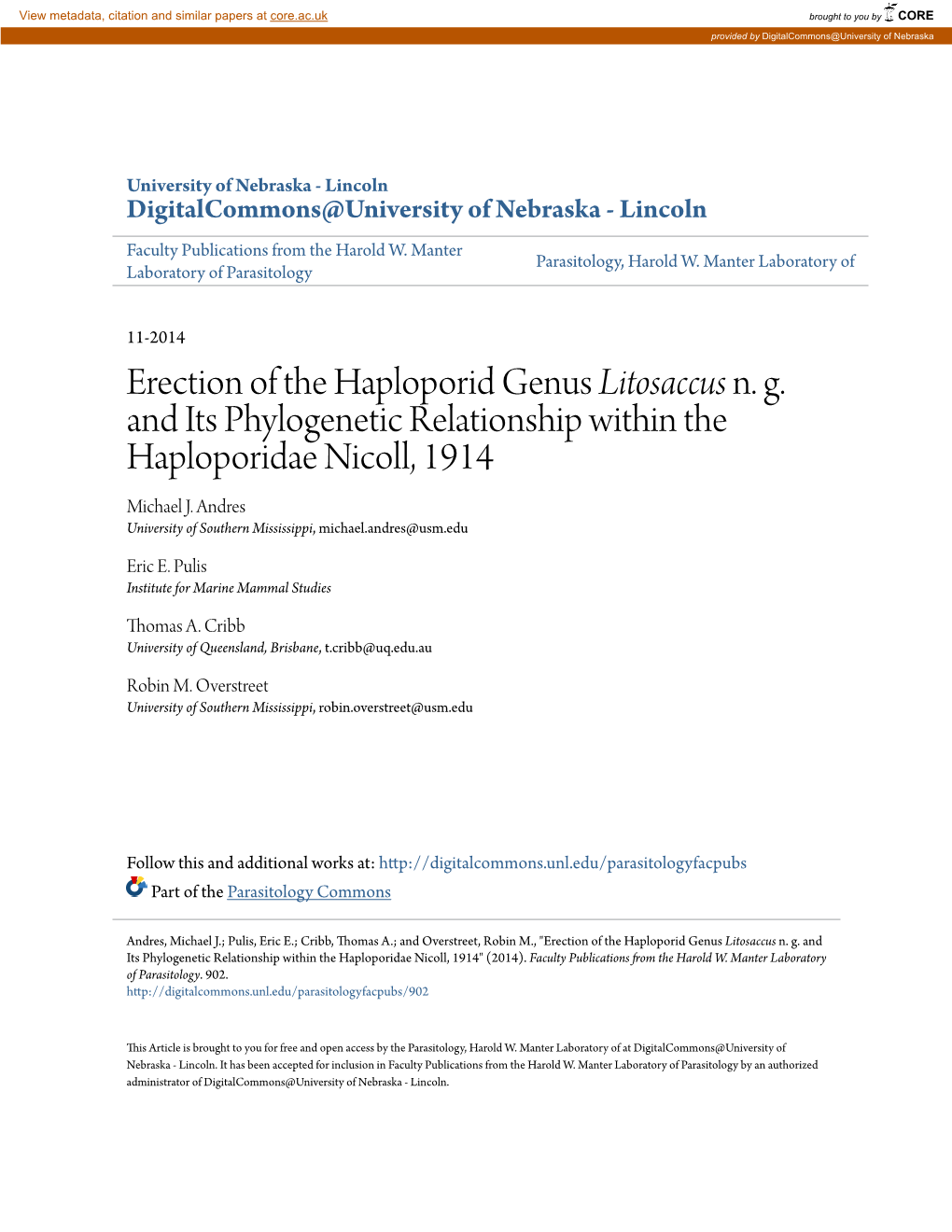 Erection of the Haploporid Genus Litosaccus N. G. and Its Phylogenetic Relationship Within the Haploporidae Nicoll, 1914 Michael J