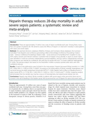 Heparin Therapy Reduces 28-Day Mortality in Adult Severe Sepsis