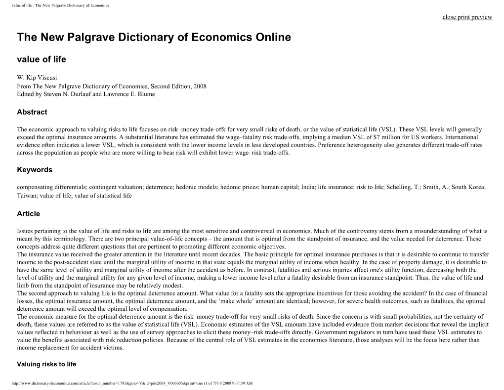 Value of Life : the New Palgrave Dictionary of Economics