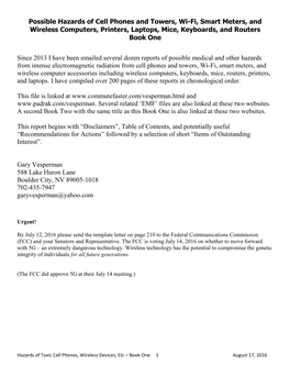 Possible Hazards of Cell Phones and Towers, Wi-Fi, Smart Meters, and Wireless Computers, Printers, Laptops, Mice, Keyboards, and Routers Book One