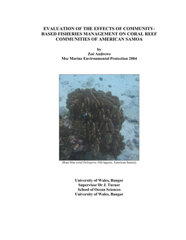 Based Fisheries Management on Coral Reef Communities of American Samoa