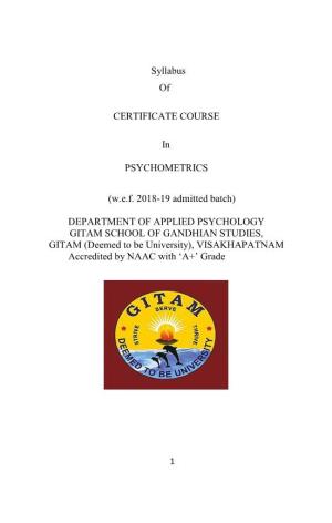 Syllabus of CERTIFICATE COURSE in PSYCHOMETRICS