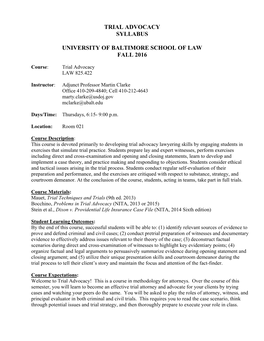 Trial Advocacy Syllabus University of Baltimore