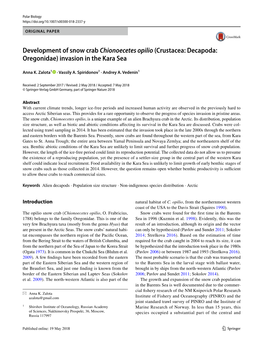 Development of Snow Crab Chionoecetes Opilio (Crustacea: Decapoda: Oregonidae) Invasion in the Kara Sea