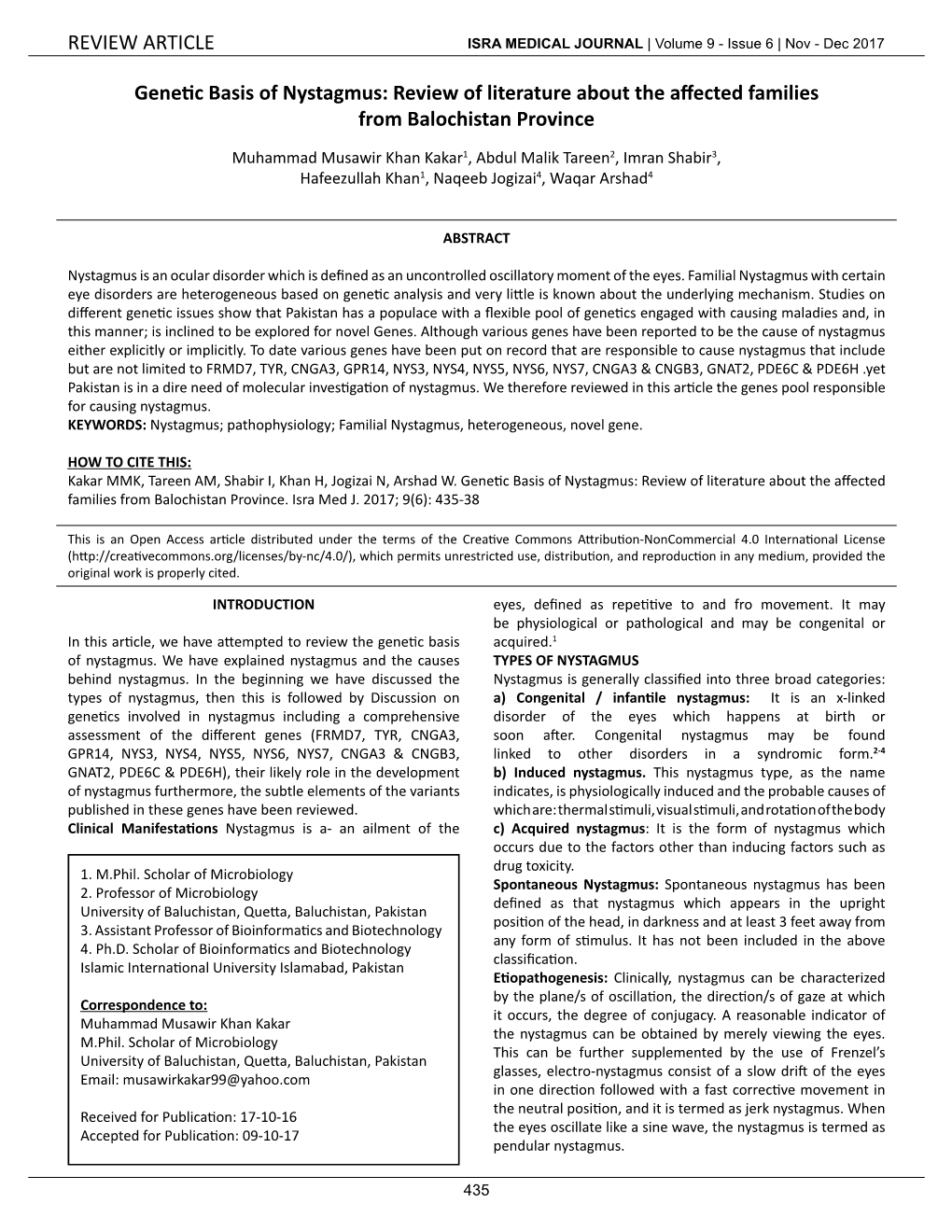 Genetic Basis of Nystagmus: Review of Literature About the Affected Families from Balochistan Province