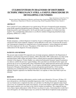 Culdocentesis in Diagnosis of Disturbed Ectopic Pregnancy Still a Useful Procedure in Developing Countries