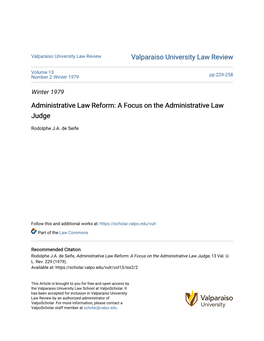 Administrative Law Reform: a Focus on the Administrative Law Judge