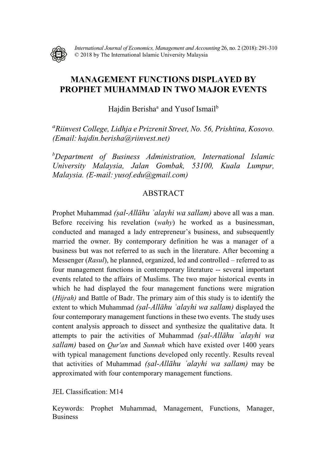 Management Functions Displayed by Prophet Muhammad in Two Major Events