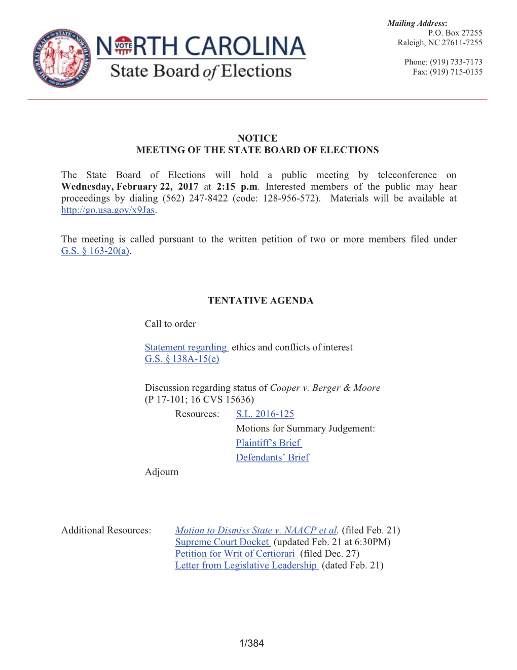 NOTICE MEETING of the STATE BOARD of ELECTIONS the State