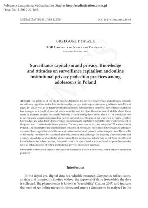 Surveillance Capitalism and Privacy. Knowledge and Attitudes on Surveillance Capitalism and Online Institutional Privacy Protect