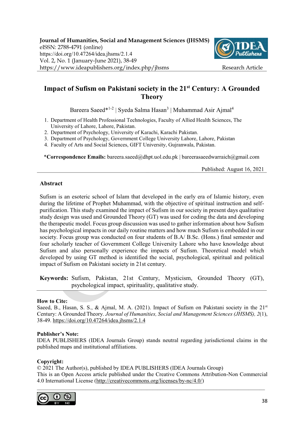 Impact of Sufism on Pakistani Society in the 21St Century: a Grounded Theory