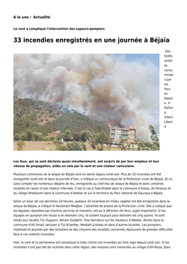 33 Incendies Enregistrés En Une Journée À Béjaïa