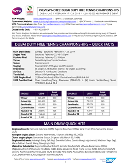 Dubai Duty Free Tennis Championships Dubai, Uae | February 17 – 23, 2019 | Usd $2,623,485 Premier 5 Event