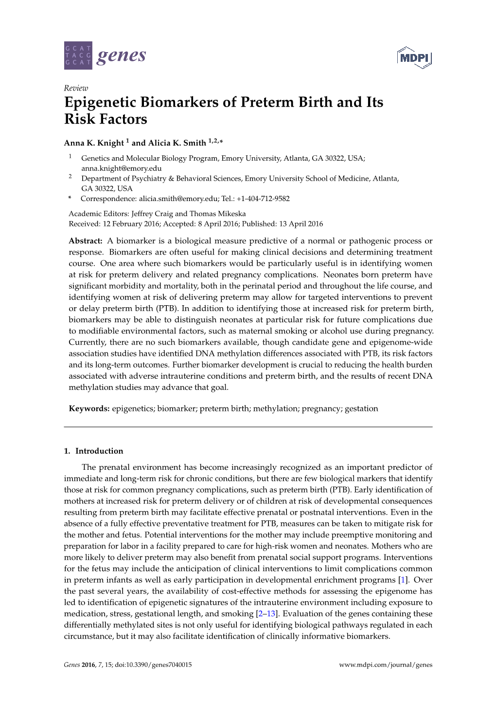 Epigenetic Biomarkers of Preterm Birth and Its Risk Factors