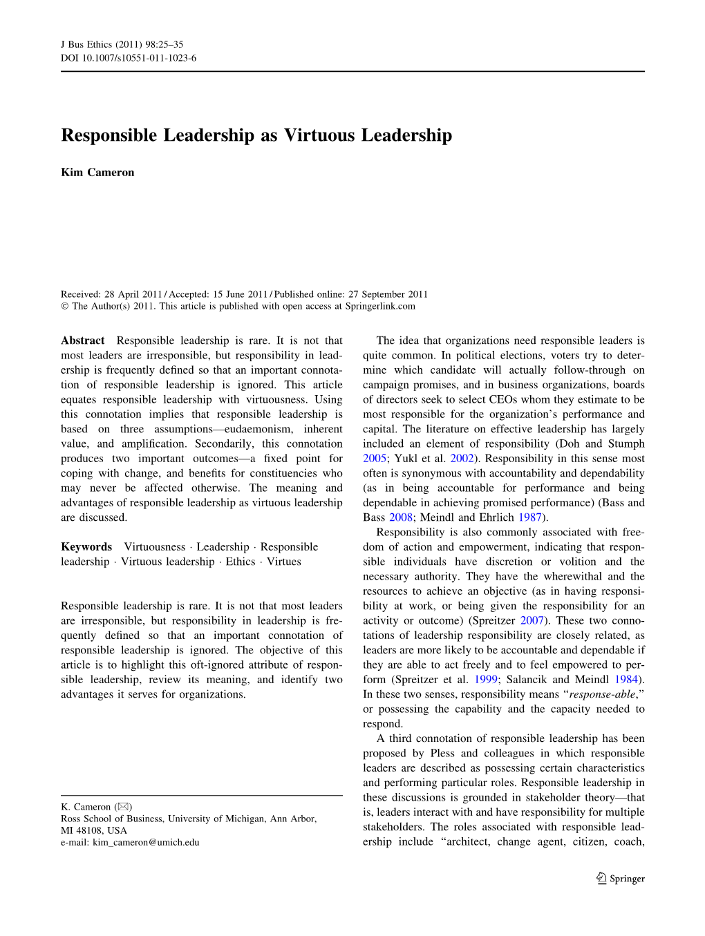 Responsible Leadership As Virtuous Leadership