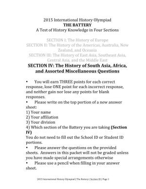 SECTION IV: the History of South Asia, Africa, and Assorted Miscellaneous Questions