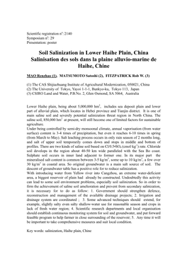Soil Salinization in Lower Haihe Plain, China Salinisation Des Sols Dans La Plaine Alluvio-Marine De Haihe, Chine
