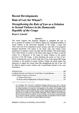 Strengthening the Rule of Law As a Solution to Sexual Violence in the Democratic Republic of the Congo Ryan S
