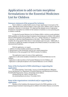 Application to Add Certain Morphine Formulations to the Essential Medicines List for Children