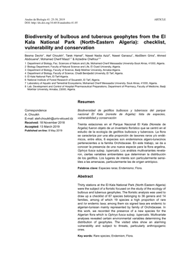 Biodiversity of Bulbous and Tuberous Geophytes from the El Kala National Park (North-Eastern Algeria): Checklist, Vulnerability and Conservation