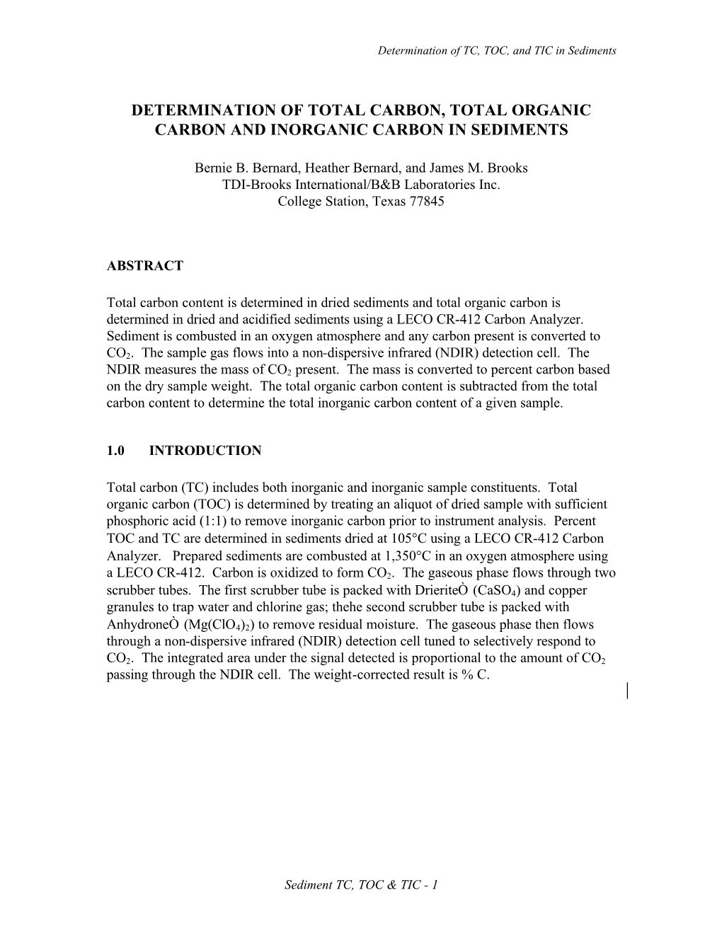 Determination of Total Carbon, Total Organic Carbon and Inorganic Carbon in Sediments