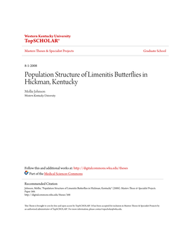 Population Structure of Limenitis Butterflies in Hickman, Kentucky Mollie Johnson Western Kentucky University