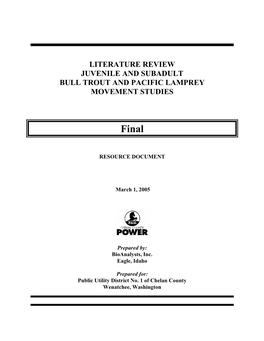 Literature Review Juvenile and Subadult Bull Trout and Pacific Lamprey Movement Studies