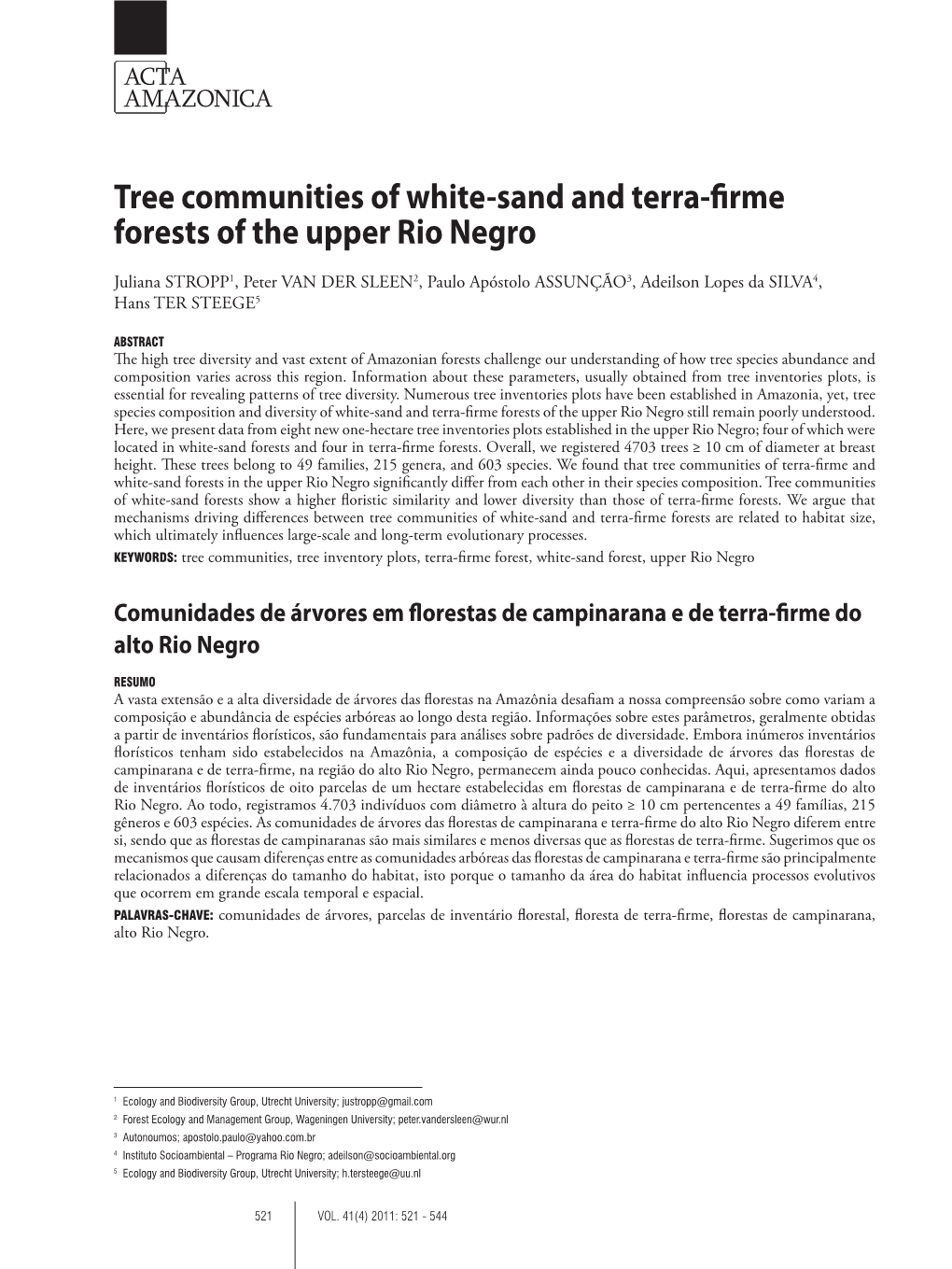 Tree Communities of White-Sand and Terra-Firme Forests of the Upper Rio Negro