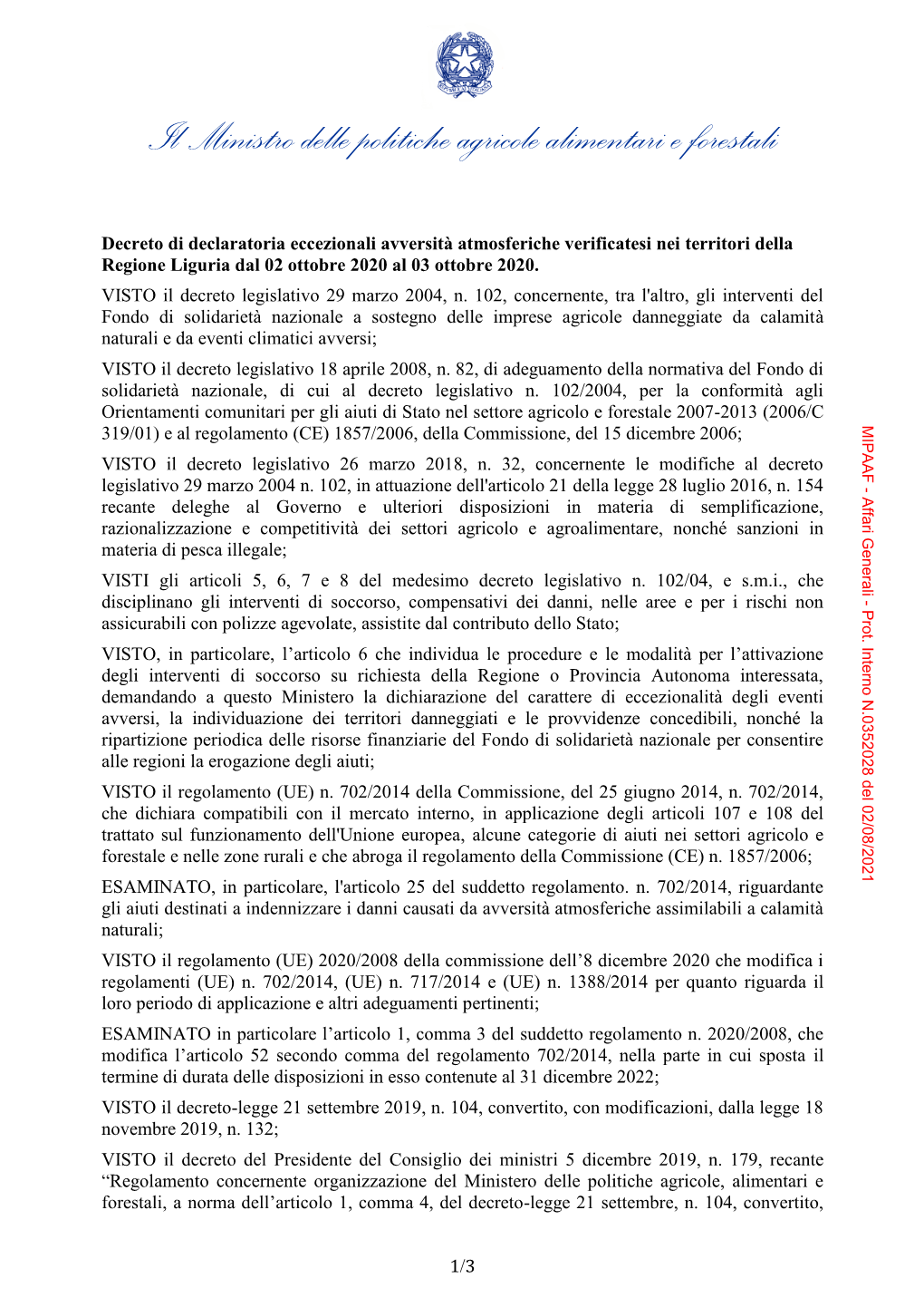 Il Ministro Delle Politiche Agricole Alimentari E Forestali