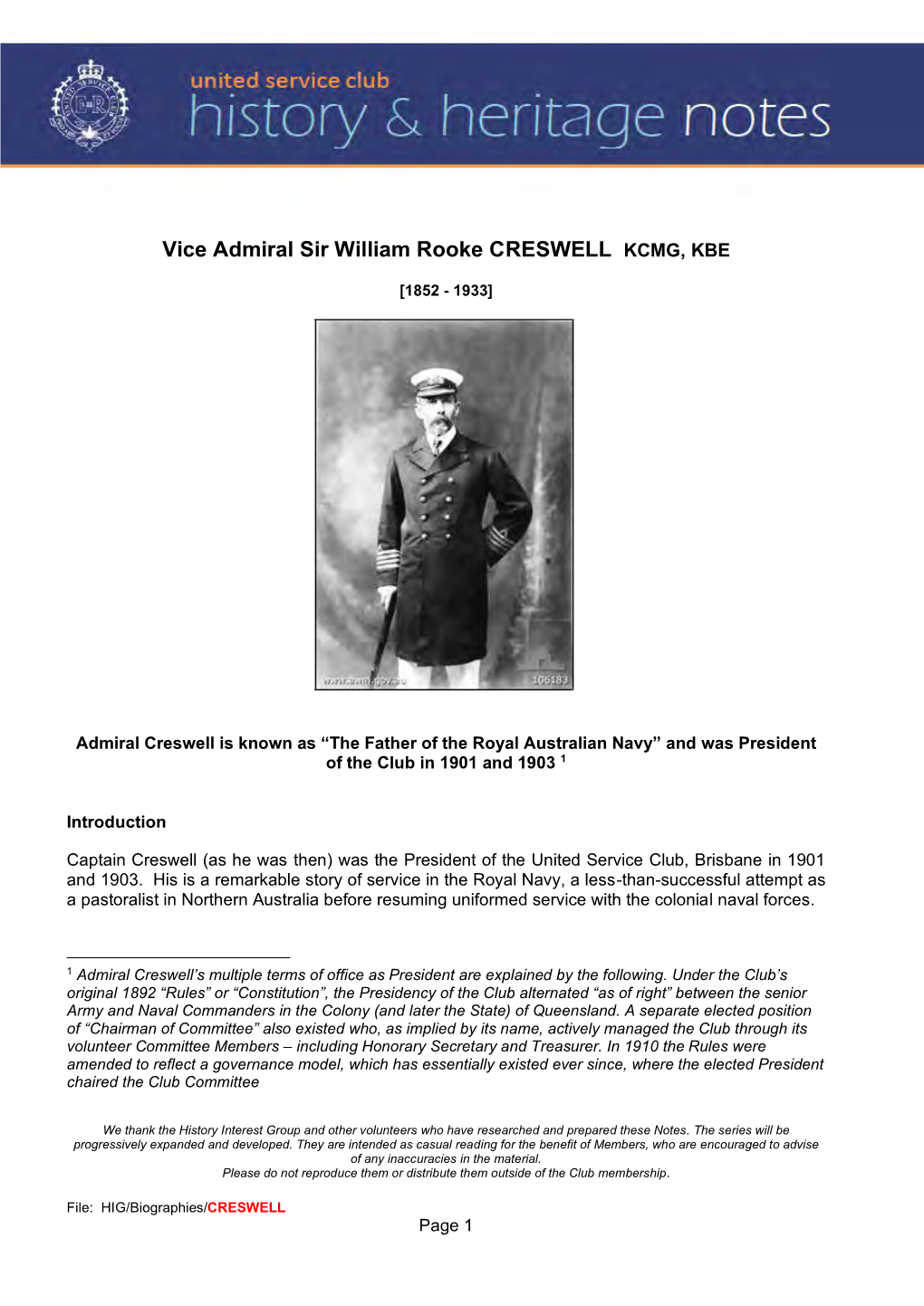 Vice Admiral Sir William CRESWELL KCMG