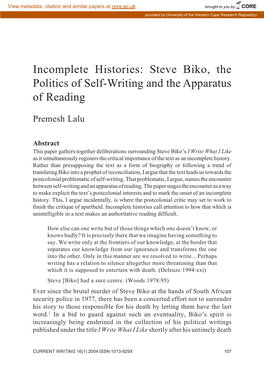 Steve Biko, the Politics of Self-Writing and the Apparatus of Reading