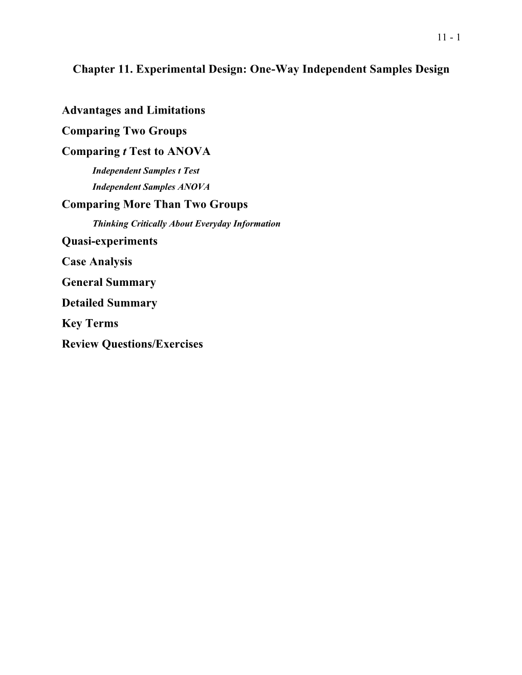 Chapter 11. Experimental Design: One-Way Independent Samples Design