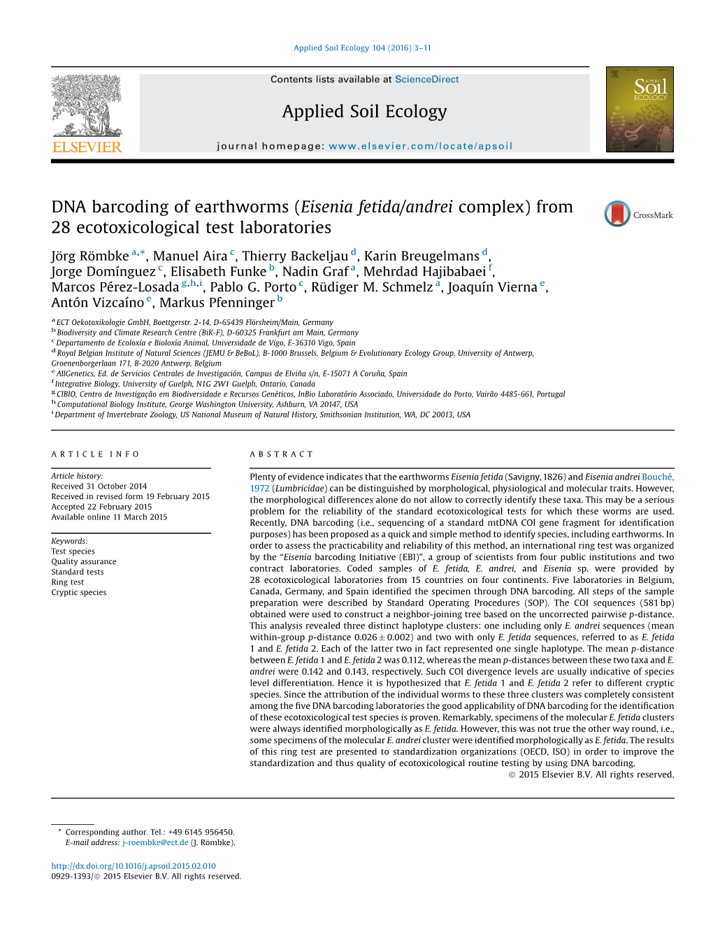 DNA Barcoding of Earthworms (Eisenia Fetida/Andrei Complex) from 28 Ecotoxicological Test Laboratories