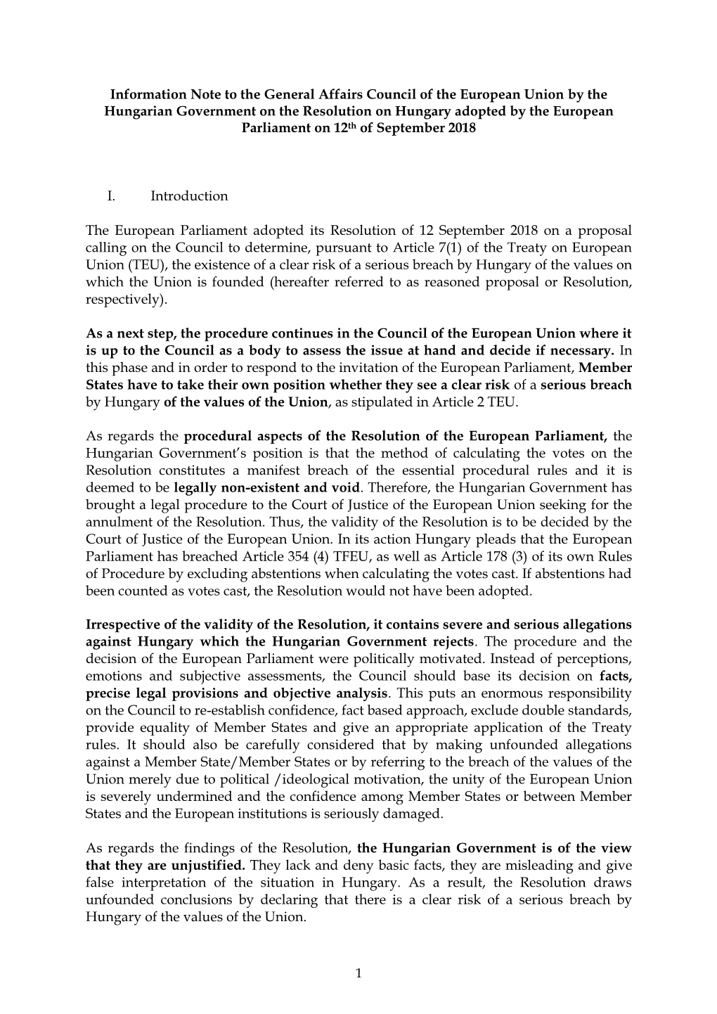 Information Note to the General Affairs Council of the European Union by the Hungarian Government on the Resolution on Hungary A